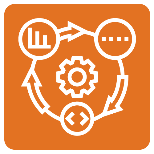 Enhancing systems and processes icon showing a cog in the middle with work symbols encircling it.